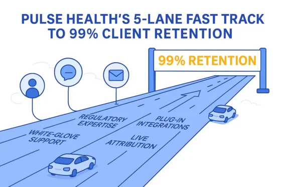 A five-lane highway labeled with strategy names leads to a large banner reading “99% Retention,” with vehicles moving forward and icons for campaign touchpoints above.