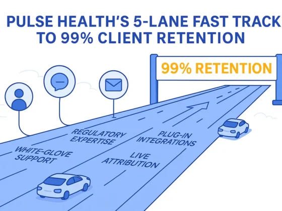 A five-lane highway labeled with strategy names leads to a large banner reading “99% Retention,” with vehicles moving forward and icons for campaign touchpoints above.
