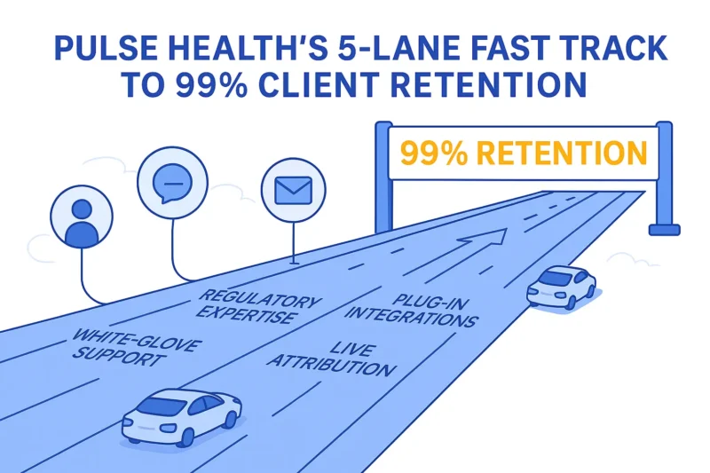 A five-lane highway labeled with strategy names leads to a large banner reading “99% Retention,” with vehicles moving forward and icons for campaign touchpoints above.