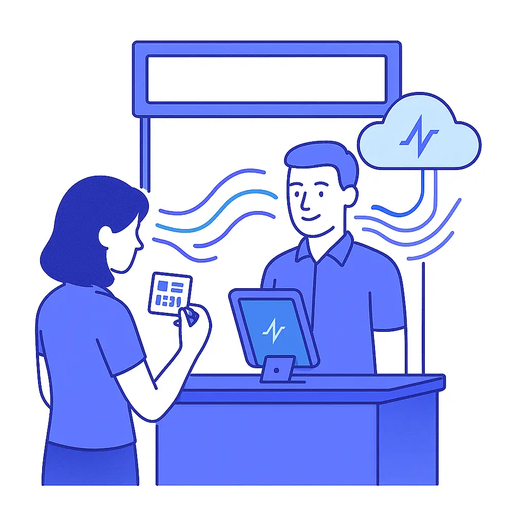 A healthcare professional scans a badge at a Pulse Health booth, where data streams to a cloud.