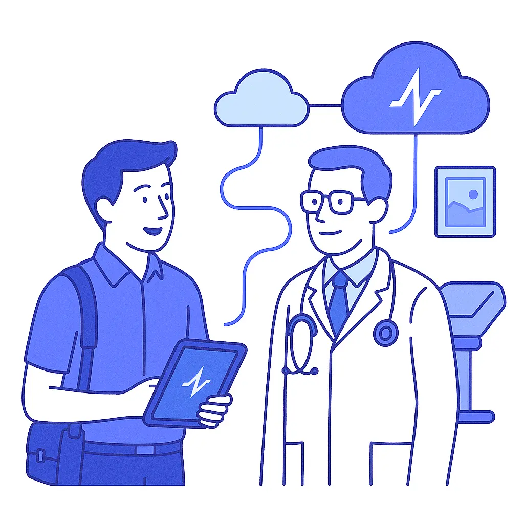 A Pulse Health sales rep speaks with a doctor in an exam room, tablet data syncing to the cloud.
