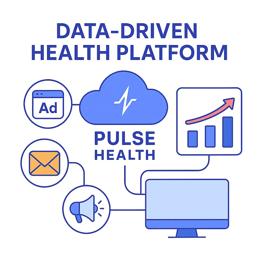 A Pulse Health dashboard connects direct-mail icons like envelopes and ads to rising analytics.