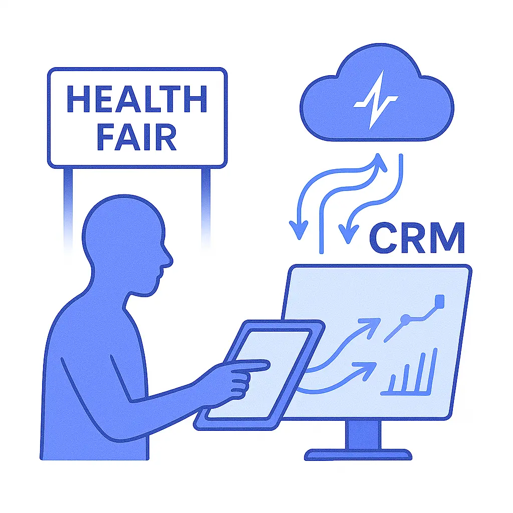 A person enters data at a health fair tablet kiosk, syncing to Pulse Health’s CRM.