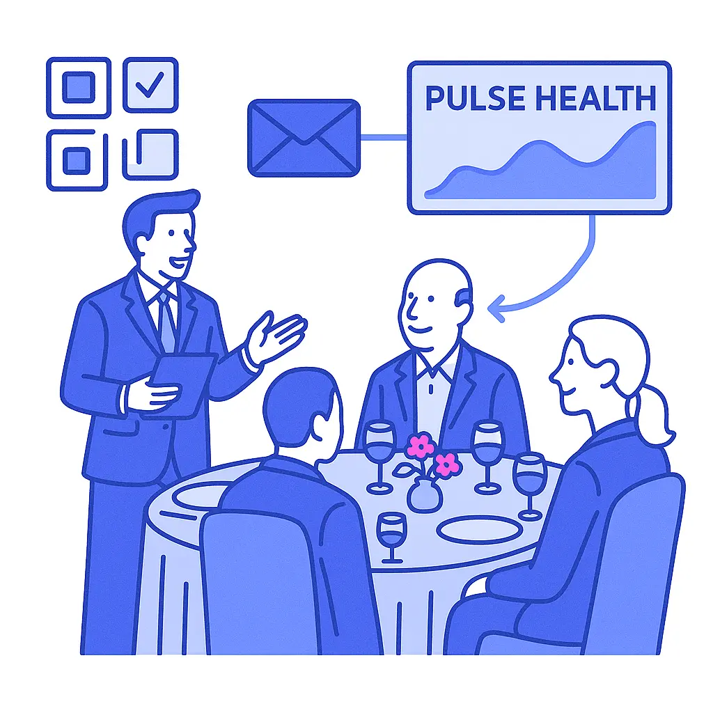 A Pulse Health speaker addresses HCPs at a dinner table while tech icons show data flow.