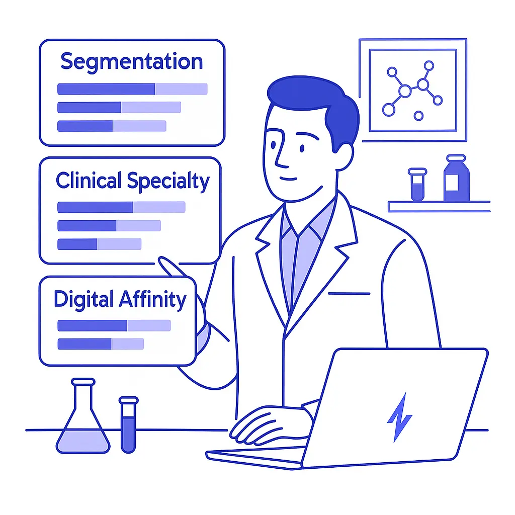 A pharma marketer in a lab coat reviews segmentation, clinical specialty, and digital affinity data on floating panels in a clean lab setting.