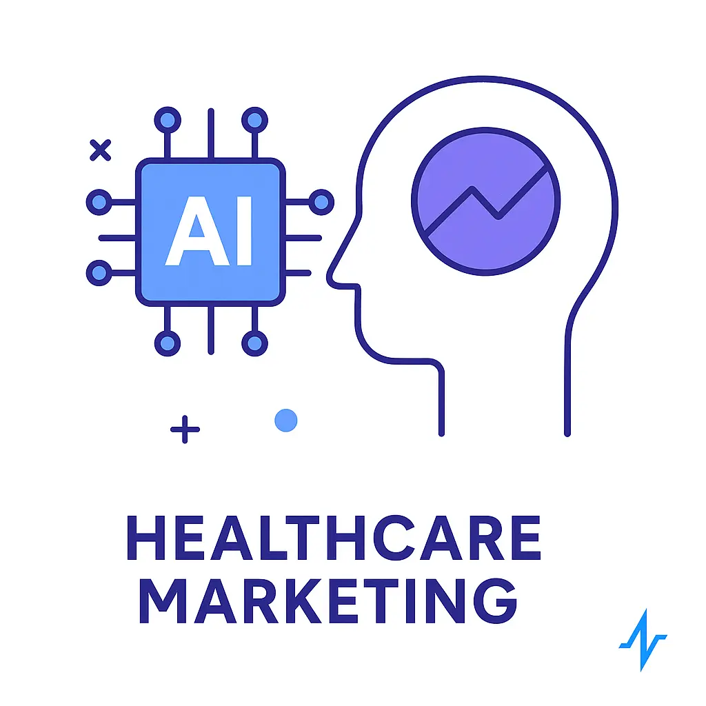 A digital brain with a pie chart and an AI chip appears above the text “Healthcare Marketing.”