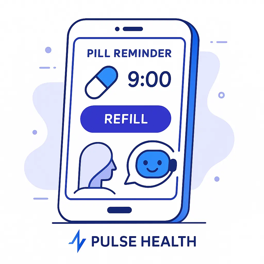 A smartphone screen shows a Pulse Health interface with pill reminder, refill button, and chatbot features.