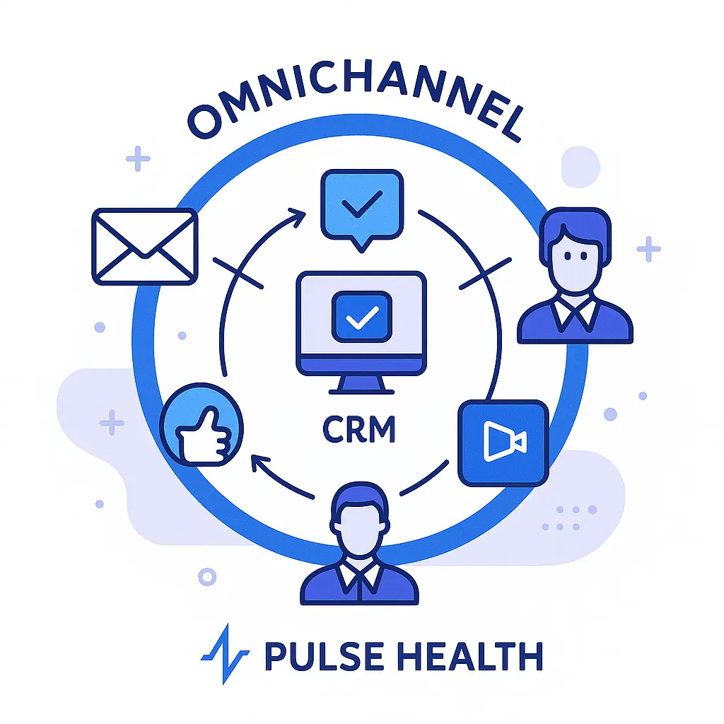 A Pulse Health CRM hub connects to icons for email, chat, social, video, and field reps under the label “Omnichannel.”
