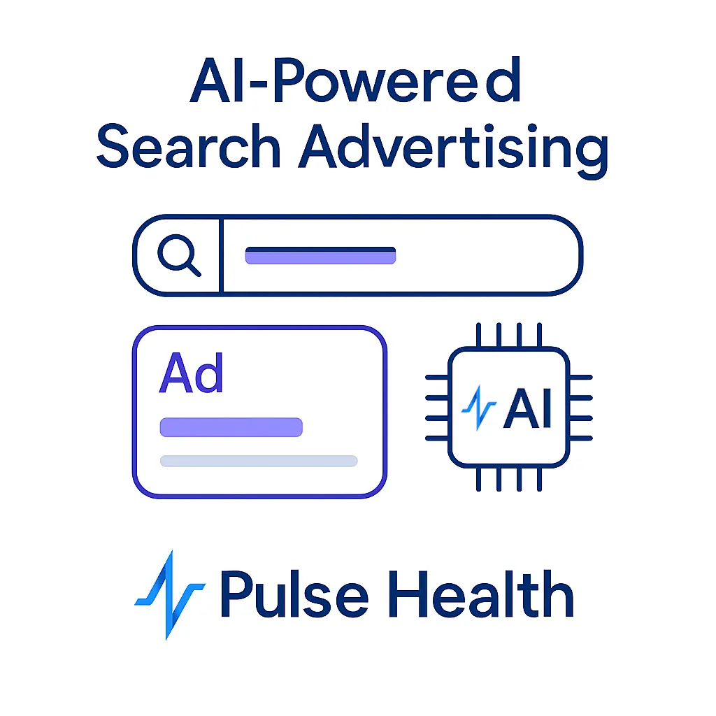 A search bar, AI microchip, and ad block appear above the Pulse Health logo in a clean infographic.