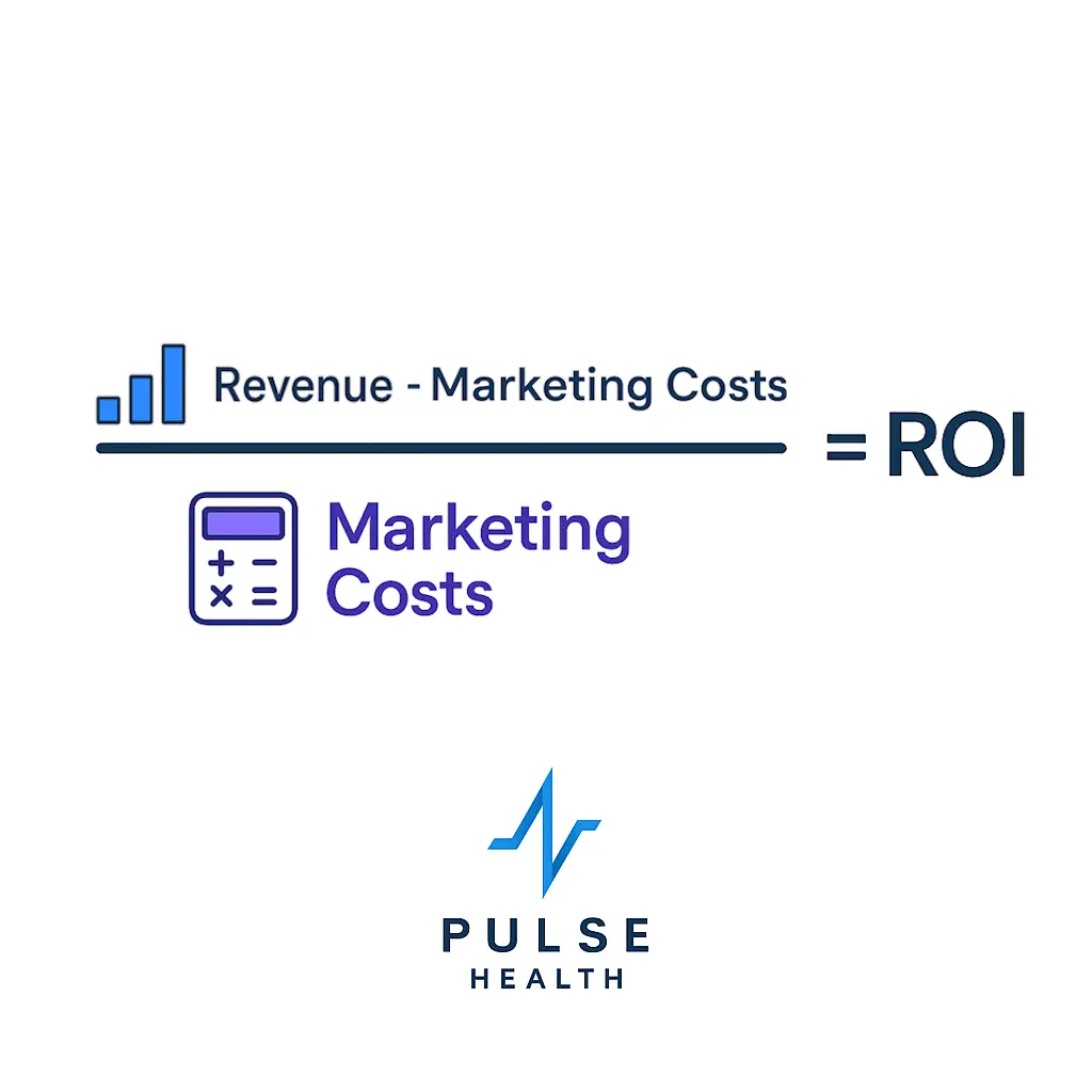 Icons of a bar chart and calculator appear with the formula for ROI, labeled "(Revenue - Marketing Costs) / Marketing Costs = ROI,” above the Pulse Health logo.