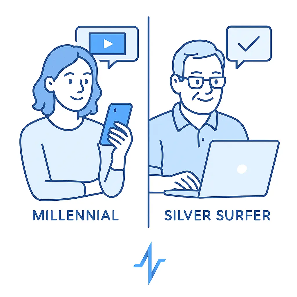 A millennial using a smartphone and a silver surfer using a laptop appear side by side with content tailored to their needs.