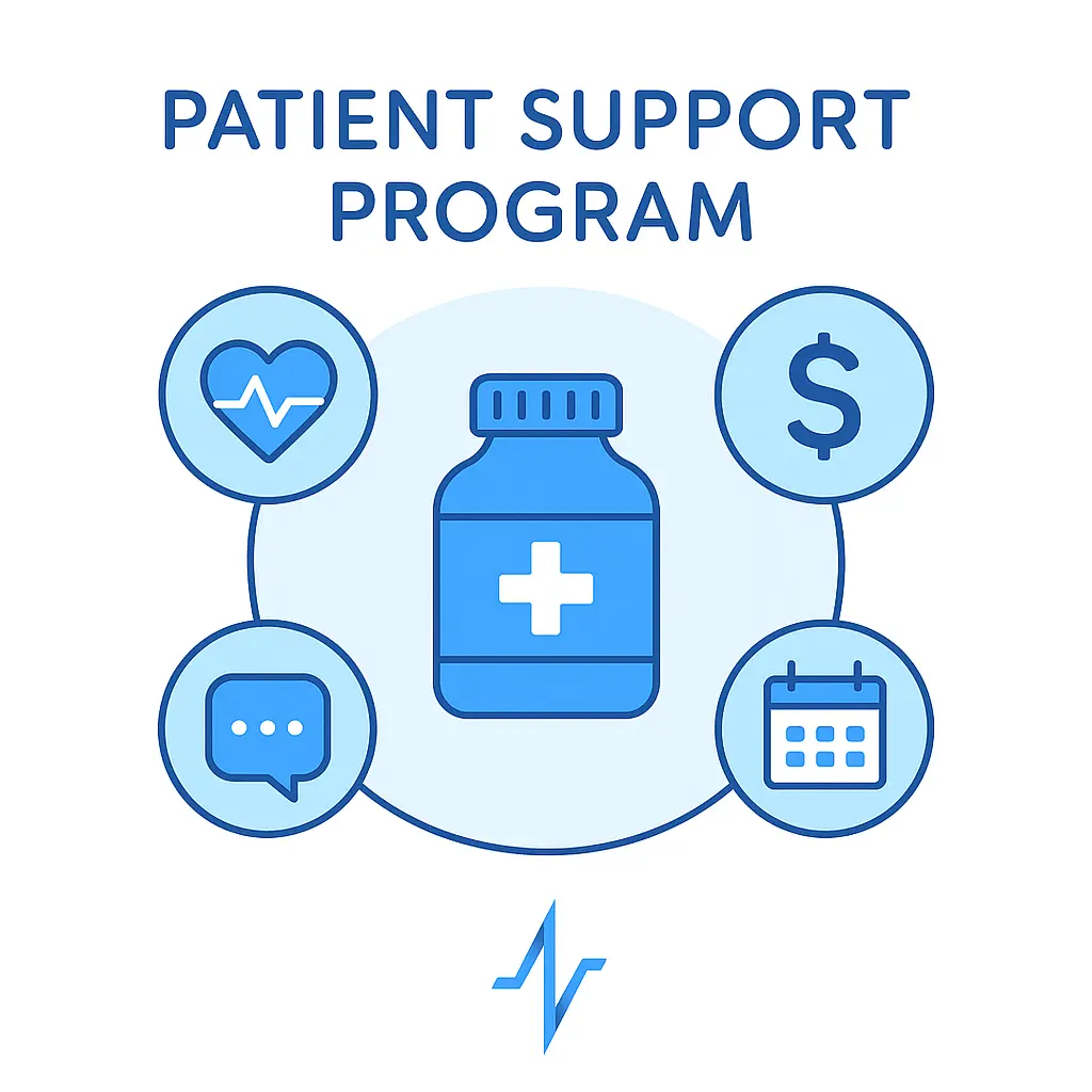 A central medication bottle is surrounded by icons for adherence, cost savings, communication, and refill reminders.