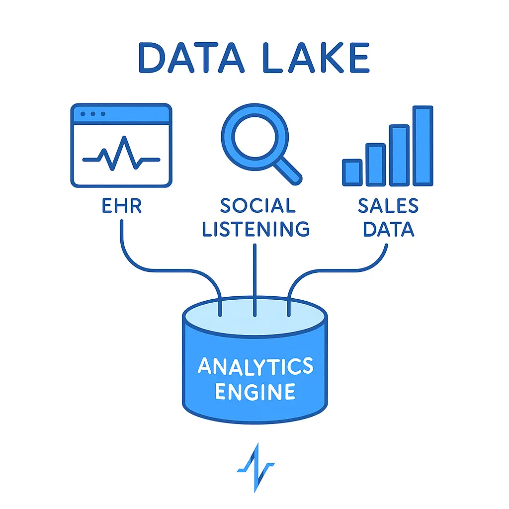 Icons for EHR, social listening, and sales data flow into an analytics engine with Pulse Health branding below.