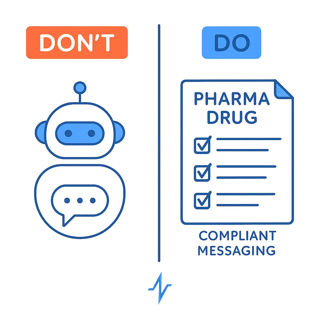 A chatbot with a “DON’T” label is contrasted with a checklist-marked document labeled “DO” for compliant pharma messaging.