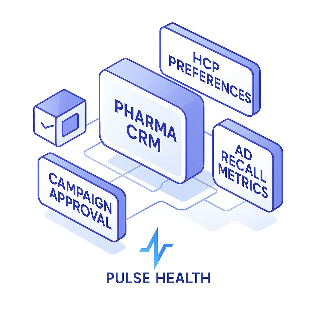 A futuristic isometric layout features correctly labeled panels: PHARMA CRM, HCP PREFERENCES, AD RECALL METRICS, and CAMPAIGN APPROVAL, with the Pulse Health logo below.