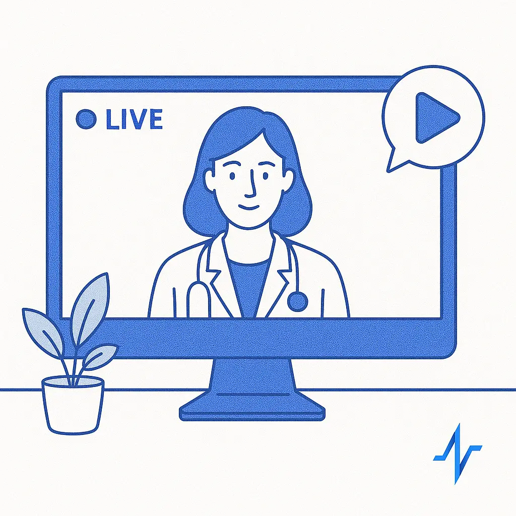 A female doctor appears on a computer monitor during a live webinar, with a play icon and Pulse Health logo visible.