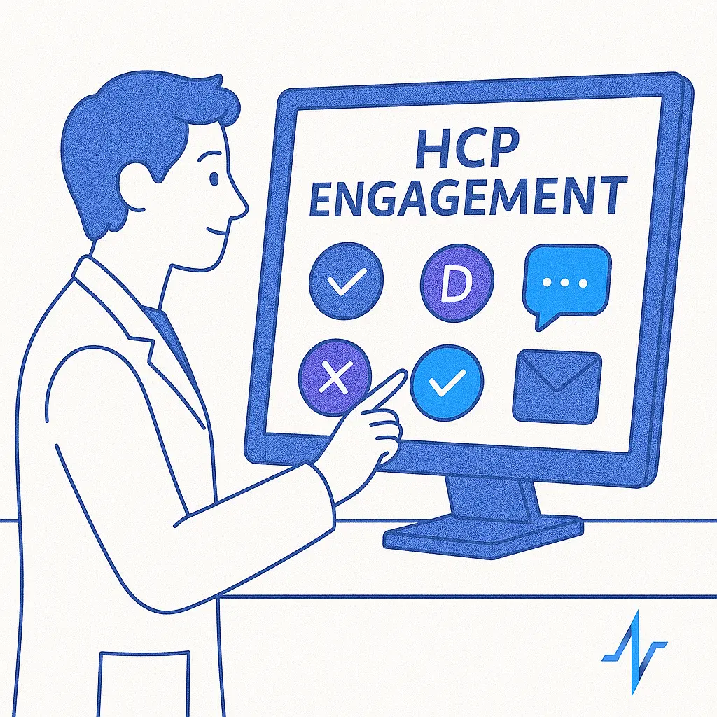 A male healthcare professional interacts with a digital screen showing engagement icons like checkmarks and messaging bubbles.