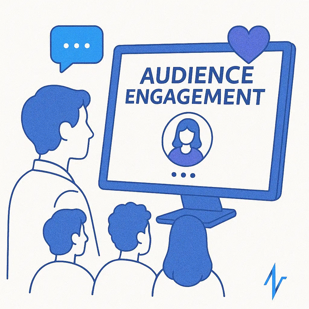 A group of people watches a computer screen displaying “Audience Engagement” with icons for communication and care.