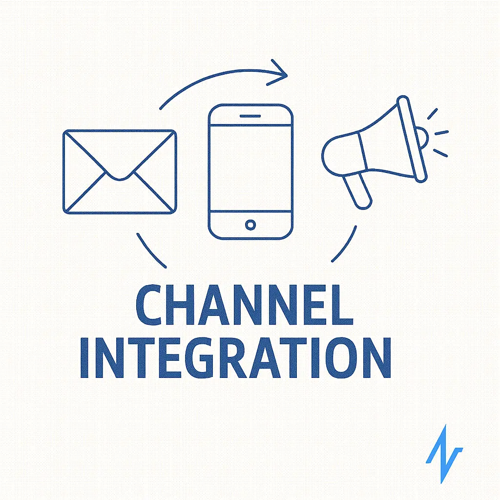 Icons of an envelope, smartphone, and megaphone connected in a circle above the words “Channel Integration.”