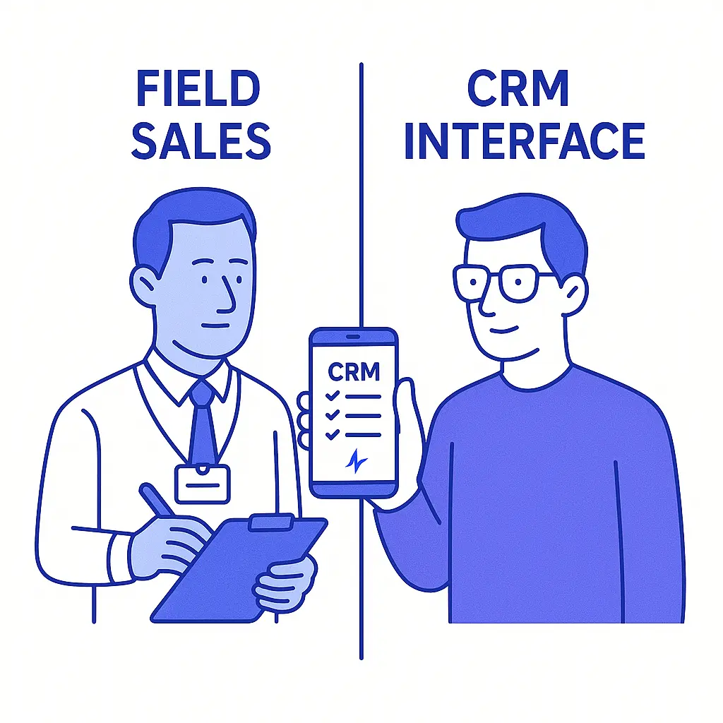 Side-by-side comparison of a sales rep with a clipboard and a marketer using a CRM mobile interface.