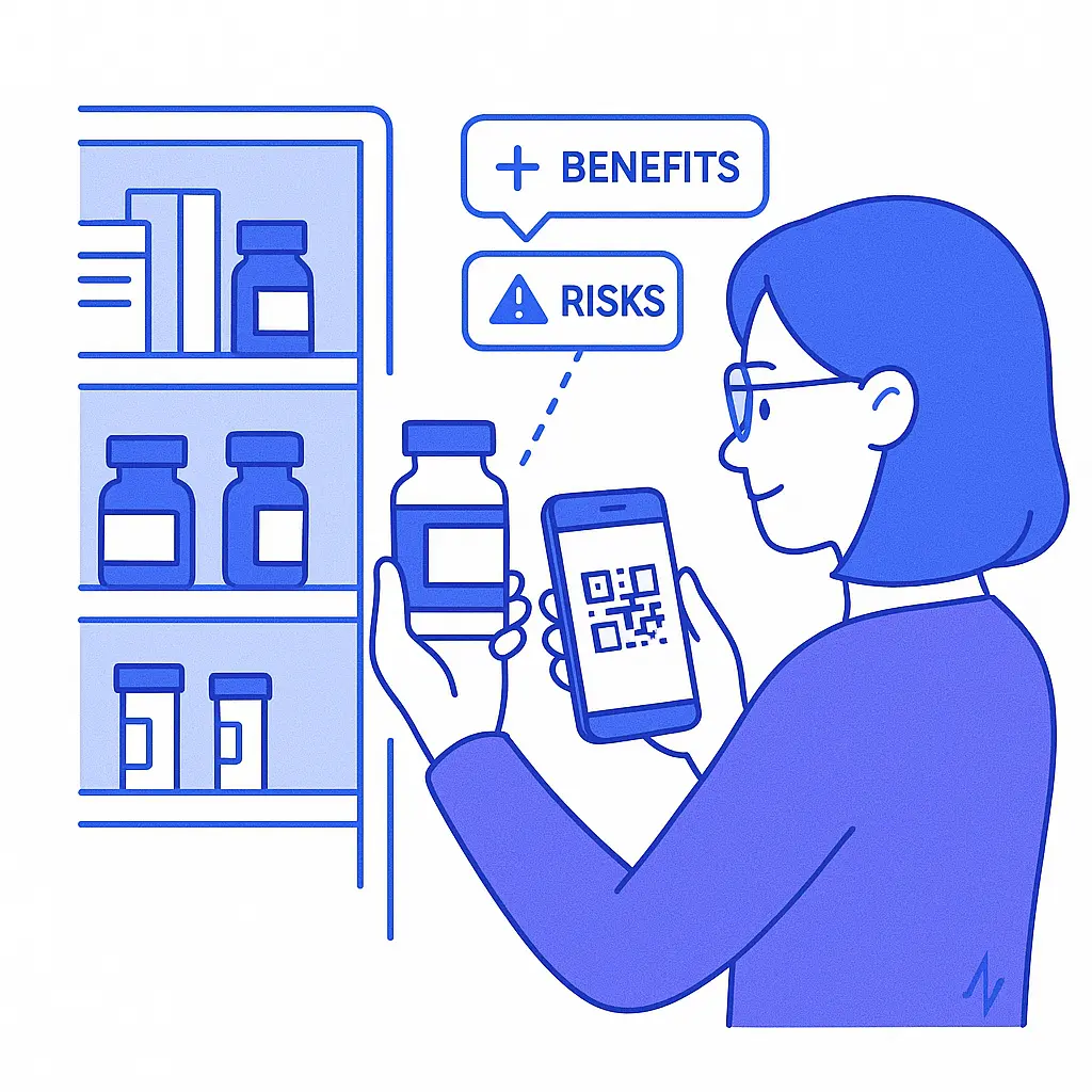 A woman scans a pill bottle with her phone, viewing AR overlays showing benefits and risks.