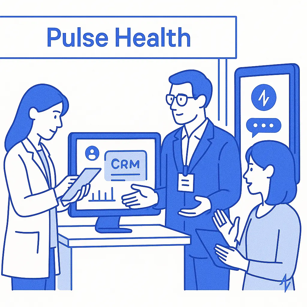 Professionals interact at a Pulse Health booth featuring a CRM demo on screen and branded displays.