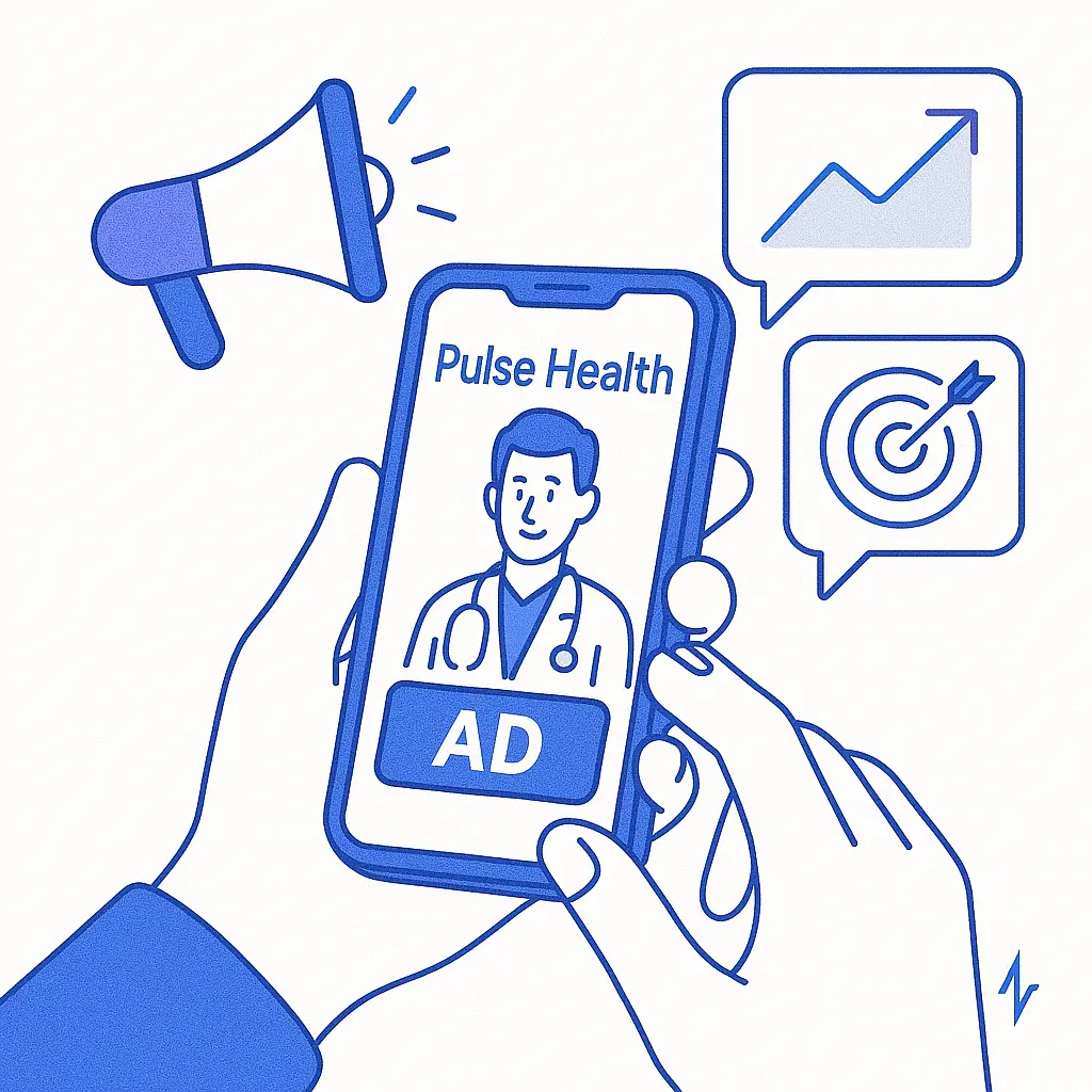 Hands hold a smartphone showing a Pulse Health ad featuring a doctor, with speech bubbles representing targeting and performance metrics.