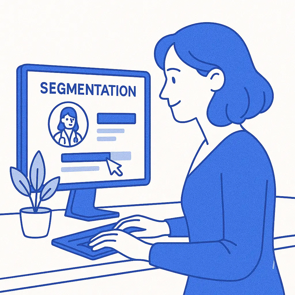 A woman uses a computer to explore healthcare segmentation data at a clean workstation with a plant and Pulse Health branding.