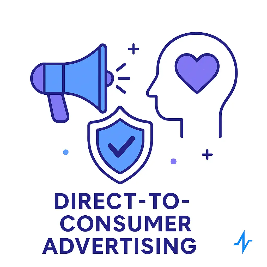 A megaphone and a human head with a heart icon appear above the text “Direct-to-Consumer Advertising,” framed by a compliance shield.