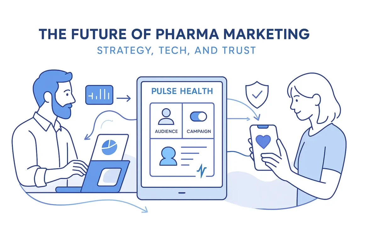 A man analyzes marketing data while a woman engages with a digital health app, both connected through a central Pulse Health CRM interface.