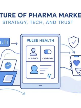 A man analyzes marketing data while a woman engages with a digital health app, both connected through a central Pulse Health CRM interface.