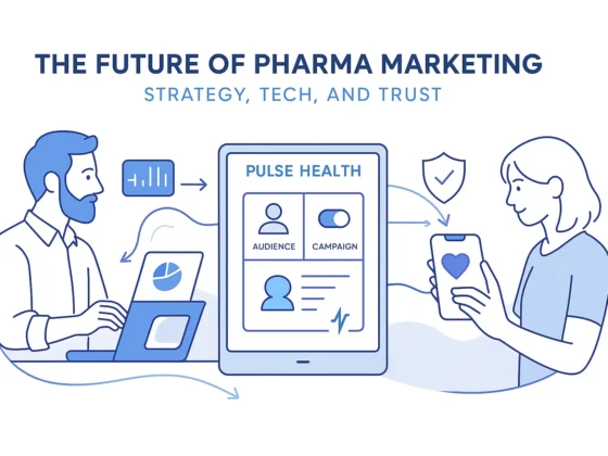 A man analyzes marketing data while a woman engages with a digital health app, both connected through a central Pulse Health CRM interface.