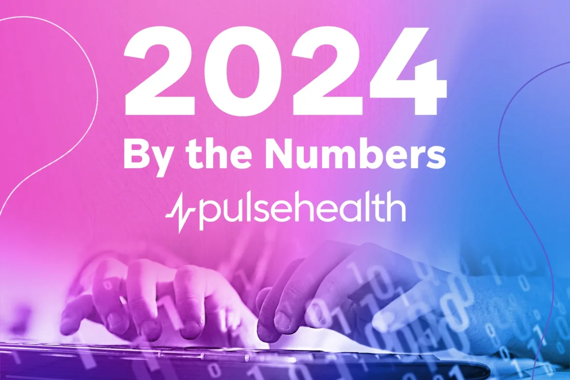 Hands typing on a laptop with a floating binary code overlay on a pink-blue gradient and the text “2024 By the Numbers” with the Pulse Health logo.