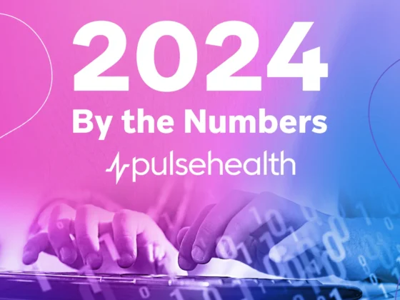 Hands typing on a laptop with a floating binary code overlay on a pink-blue gradient and the text “2024 By the Numbers” with the Pulse Health logo.