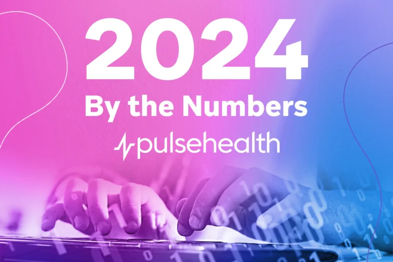 Hands typing on a laptop with a floating binary code overlay on a pink-blue gradient and the text “2024 By the Numbers” with the Pulse Health logo.