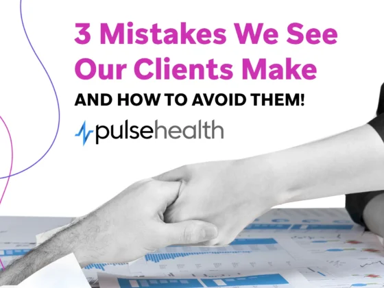 Handshake over documents on a desk with pink curved design accents and the text “3 Mistakes We See Our Clients Make and How to Avoid Them!” alongside the Pulse Health logo.