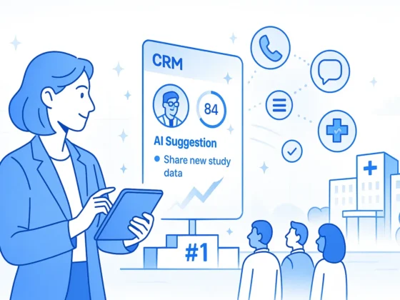 A field rep uses a CRM tablet while engagement icons flow toward a hospital, representing data-driven outreach.