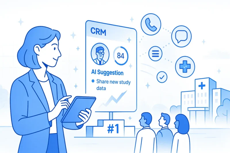 A field rep uses a CRM tablet while engagement icons flow toward a hospital, representing data-driven outreach.