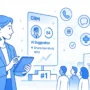 A field rep uses a CRM tablet while engagement icons flow toward a hospital, representing data-driven outreach.