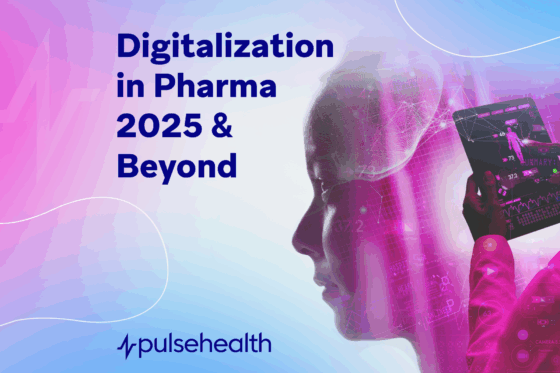 Gradient pink-to-blue background featuring the text “Digitalization in Pharma 2025 & Beyond” on the left, with a translucent human head overlaid by digital wireframe graphics and a hand holding a tablet displaying futuristic health data on the right. The Pulse Health logo appears at the bottom.