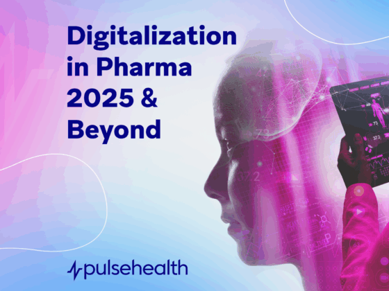 Gradient pink-to-blue background featuring the text “Digitalization in Pharma 2025 & Beyond” on the left, with a translucent human head overlaid by digital wireframe graphics and a hand holding a tablet displaying futuristic health data on the right. The Pulse Health logo appears at the bottom.