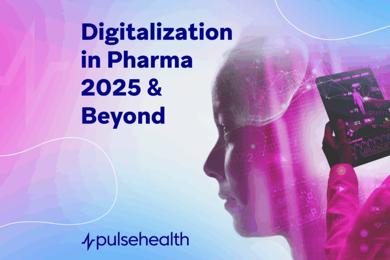 Gradient pink-to-blue background featuring the text “Digitalization in Pharma 2025 & Beyond” on the left, with a translucent human head overlaid by digital wireframe graphics and a hand holding a tablet displaying futuristic health data on the right. The Pulse Health logo appears at the bottom.
