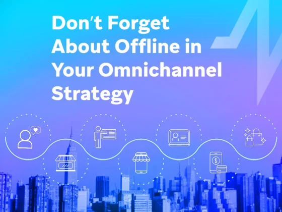 City skyline under a blue-purple gradient with connected line-art icons (customer, store, mobile, laptop, etc.) and the text “Don’t Forget About Offline in Your Omnichannel Strategy.”