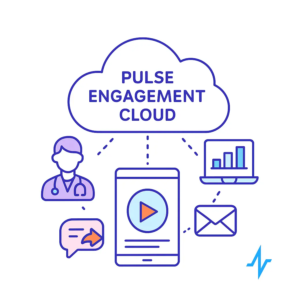 A minimalistic line art illustration of a cloud labeled “Pulse Engagement Cloud” connecting via dotted lines to icons of a physician silhouette, a laptop with charts, a mobile device with play button, an email envelope, and a message bubble, on a white background with a small solid blue Pulse Health logo in the bottom right corner.