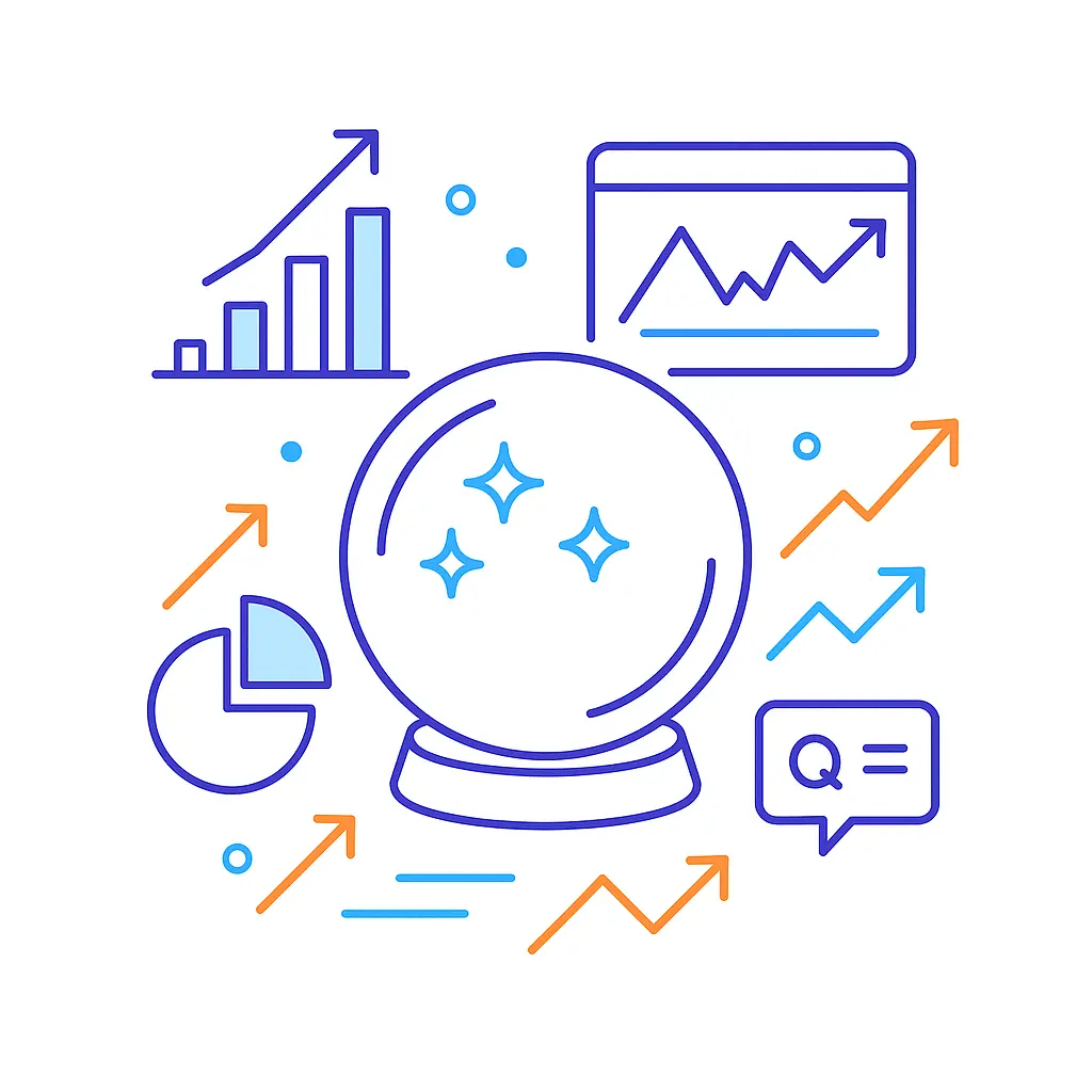 A minimalistic line art illustration of a crystal ball at the center, surrounded by bar charts, line graphs, pie chart, and upward-pointing arrows indicating trends on a white background.