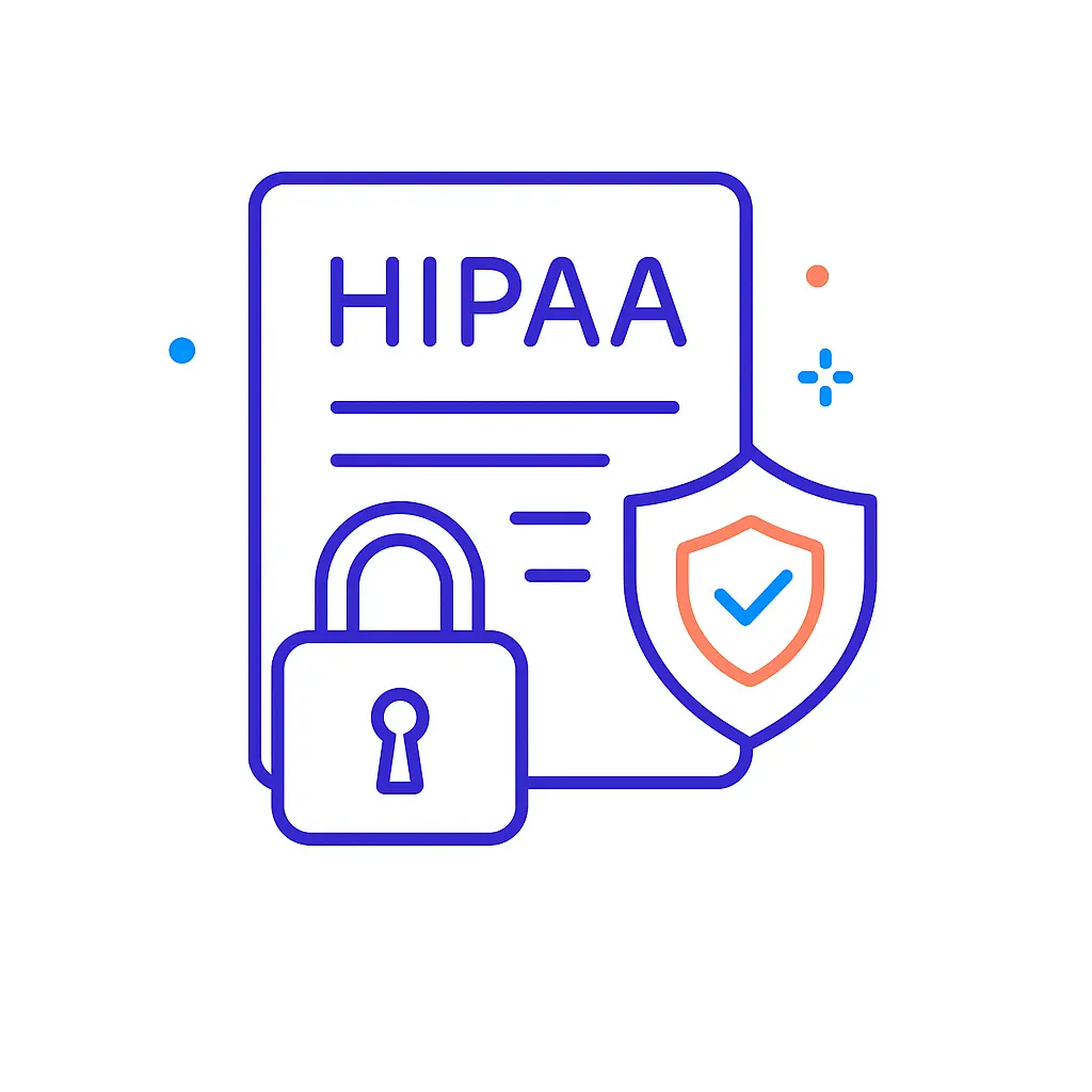 A minimalistic line art illustration of a document labeled “HIPAA” with a padlock overlay and a shield displaying a checkmark, on a white background with small blue and orange accents.