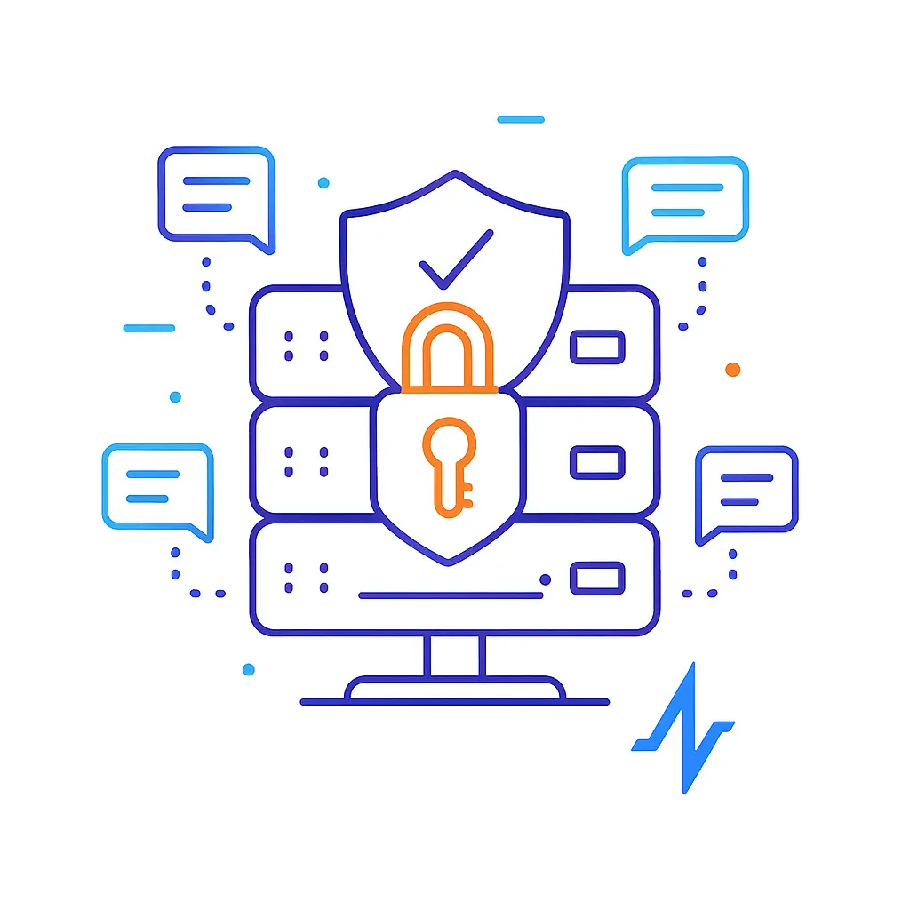 Minimalistic line art illustration of a server rack with a shield and key icon in front, surrounded by floating data packet icons, on a white background with a small solid blue Pulse Health logo in the bottom right corner.