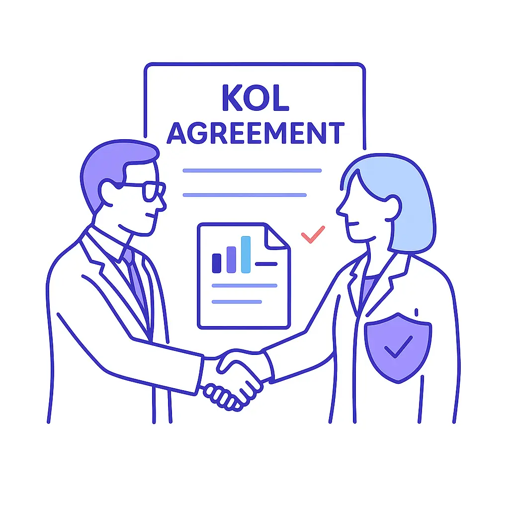 Minimalistic line art illustration of two professionals, one in a suit and the other in a lab coat, shaking hands in front of a “KOL AGREEMENT” document, with a checkmark and data chart on the document, all on a white background.