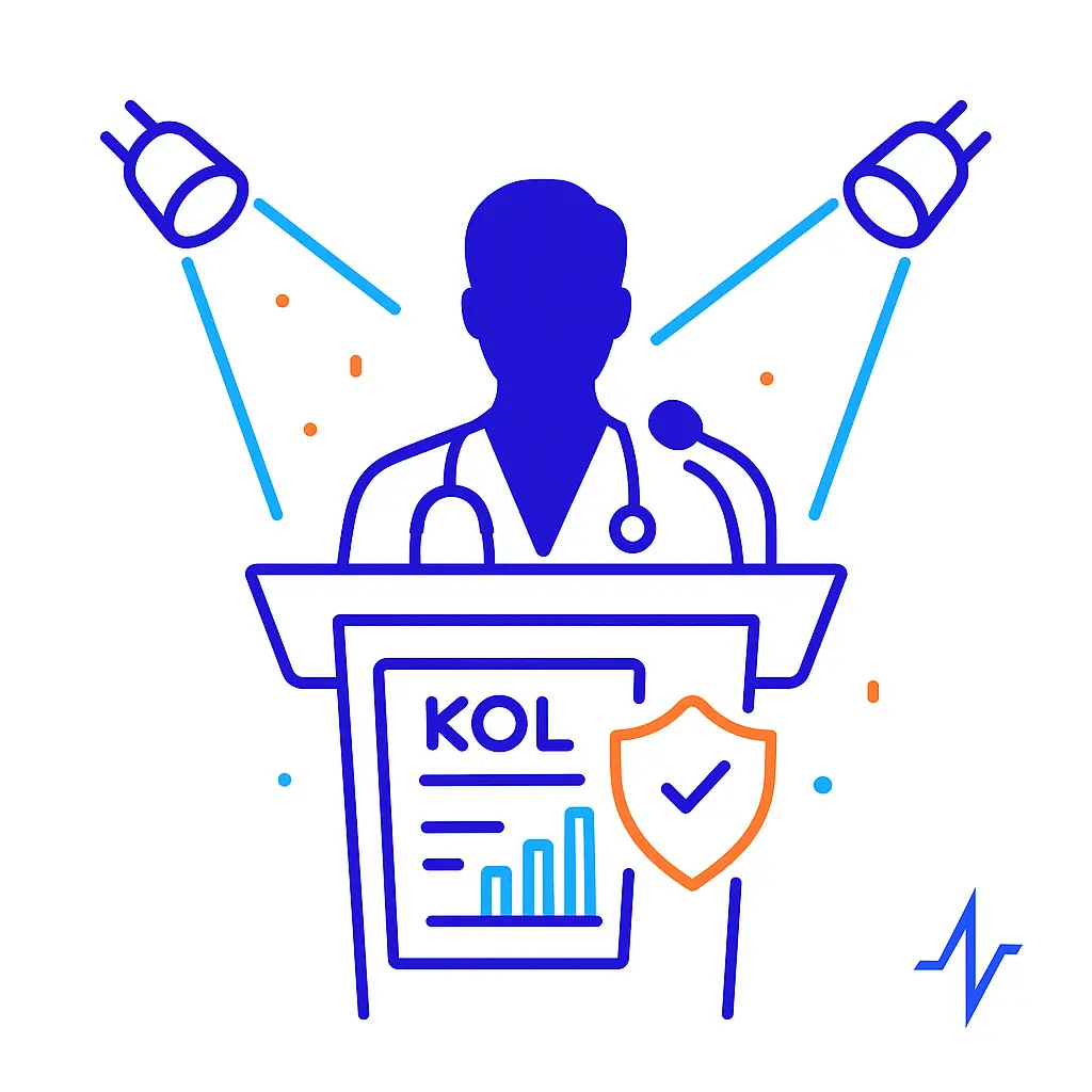 Minimalistic line art of a medical professional silhouette standing at a podium with a microphone, flanked by two spotlight beams, on a white background with blue and orange accents.