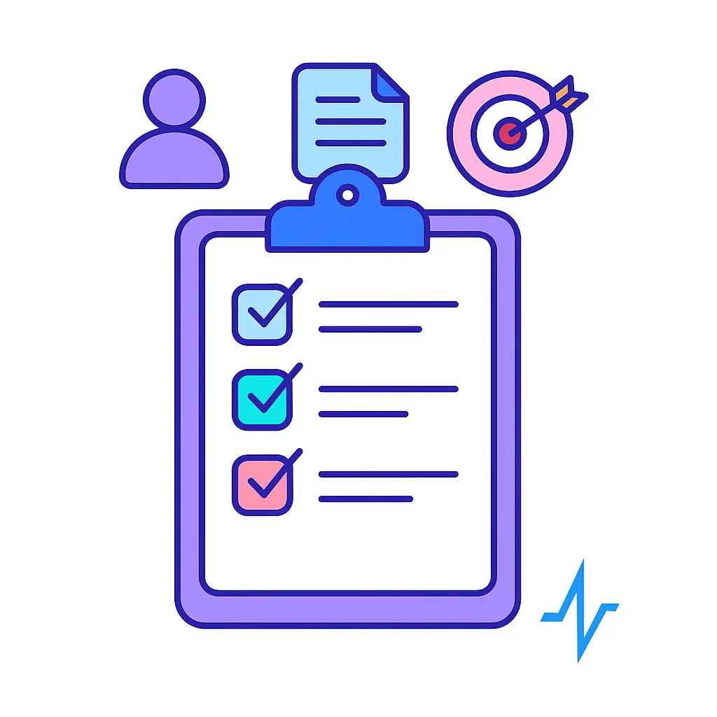A clipboard displaying a three-item checklist with colored checkmarks, topped by icons of a user silhouette, a document, and a bullseye target.